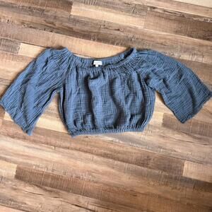 Michael Stars Blue Gauze Cotton Off-Shoulder Cropped Blouse Puff Boho Chic